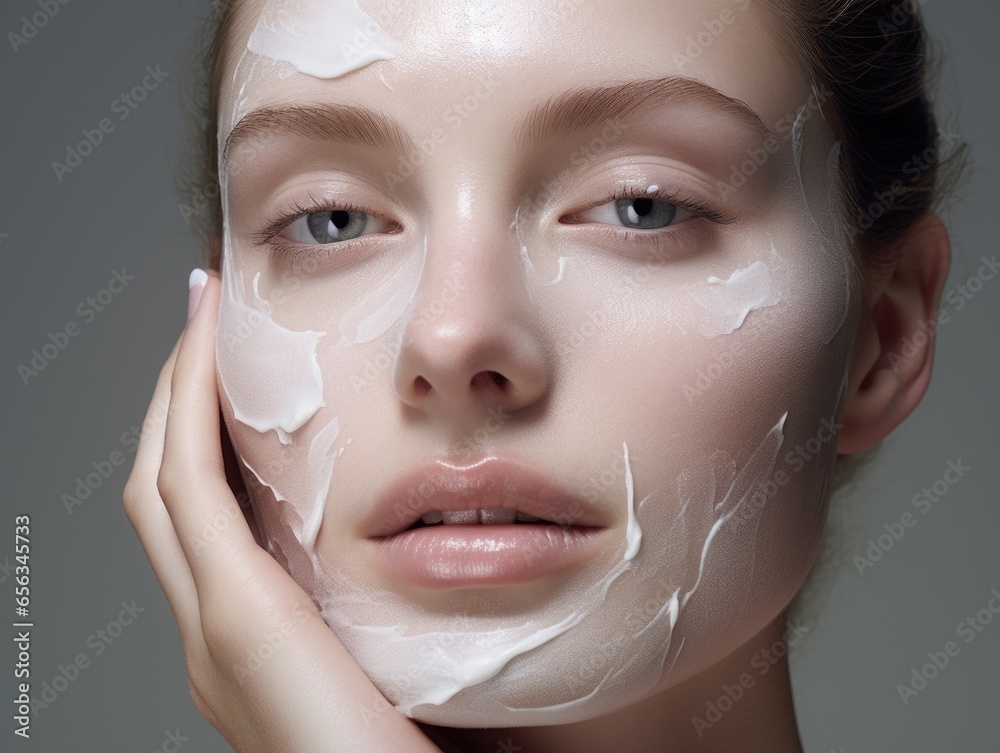 Close-up portrait of a beautiful young woman with blue eyes and perfect moisturized skin. Beauty concept, skin care and moisturizing. Feminine beauty.