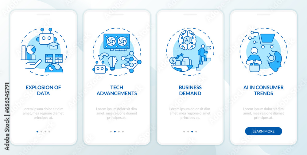 2D icons representing AI engineer mobile app screen set. Walkthrough 4 steps blue graphic instructions with simple thin linear icons concept, UI, UX, GUI template. 2D icons representing AI engineer mobile app screen set. Walkthrough 4 steps blue graphic instructions with simple thin linear icons concept, UI, UX, GUI template.