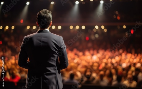 Back view of a motivational speaker standing on a stage in front of an audience. Generative AI