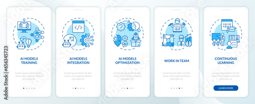 2D icons representing AI engineer mobile app screen set. Walkthrough 5 steps blue graphic instructions with line icons concept, UI, UX, GUI template.