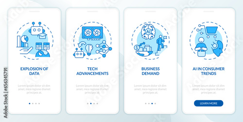 2D icons representing AI engineer mobile app screen set. Walkthrough 4 steps blue graphic instructions with simple thin linear icons concept, UI, UX, GUI template.