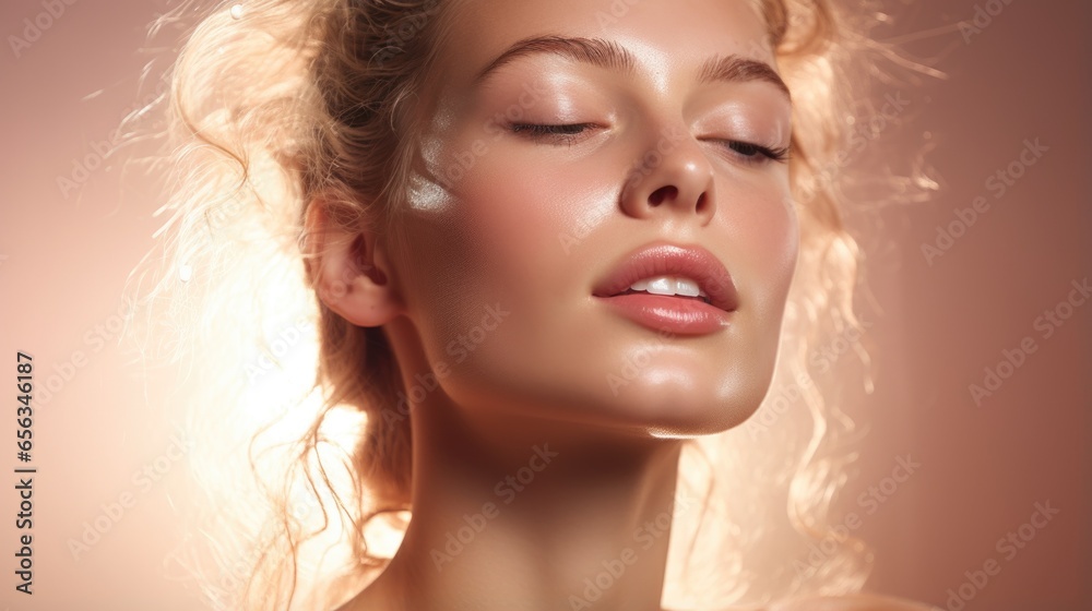 Close-up portrait of a beautiful young woman with blue eyes and perfect skin. Beauty concept, skin care and moisturizing. Feminine beauty. Close-up portrait of a beautiful young woman with blue eyes and perfect skin. Beauty concept, skin care and moisturizing. Feminine beauty.