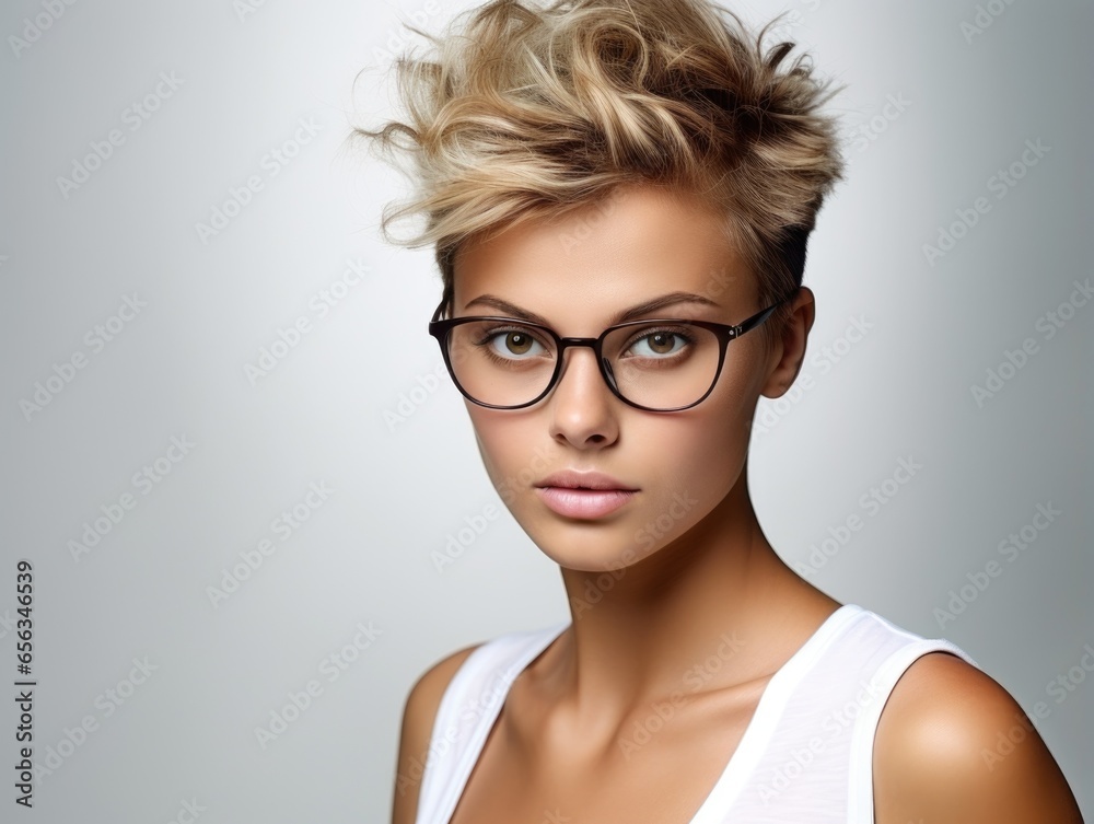 Portrait of a woman with a fashionable haircut who wears glasses. Portrait of a woman with a fashionable haircut who wears glasses.