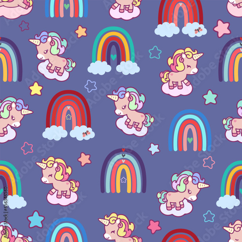 Little horses, unicorns, seamless pattern, vector illustration of cute cartoon unicorn, rainbow, star. Used for girlish surface design, fabric printing, card printing, fashion children's clothing, chi