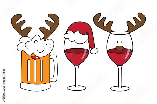 Beer mug and wine glass in reindeer antler and santa hat. Funny hand drawn Christmas glass set.