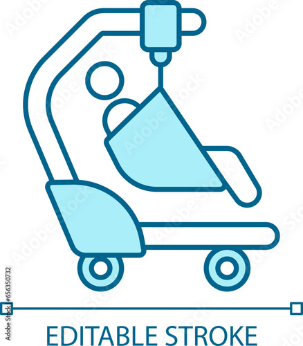 2D pixel perfect editable blue patient sling icon, isolated monochromatic vector, thin line illustration representing medical care equipment.