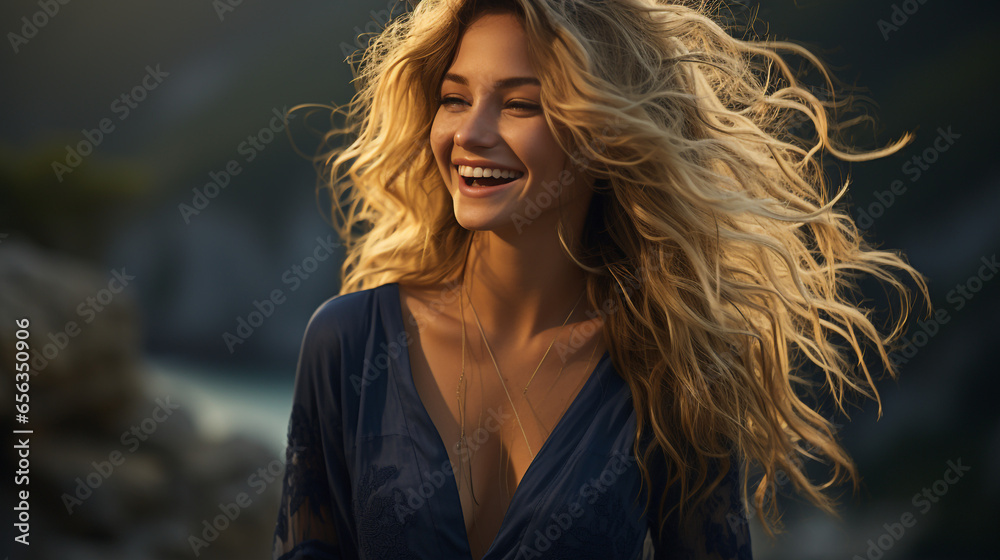 Caucasian woman, Blonde hair, Wavy style, Midnight Blue Pantsuit, mountains, Mystical, Leaning, Laughing 