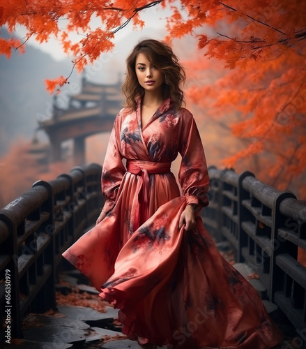 Caucasian woman, Brunette hair, Bangs style, Coral Pink Robe, bridge, Mysterious, Standing, Smiling 