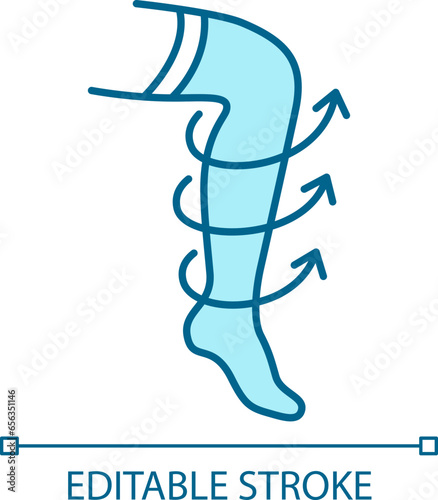 2D pixel perfect editable blue compression stockings icon, isolated monochromatic vector, thin line illustration representing medical care equipment.
