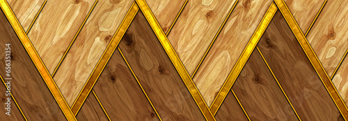 Vintage herringbone wooden planks golden inlay