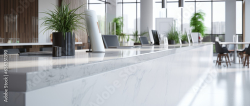 Reception desk and view on hallway in modern office. Scene with white marble counter.