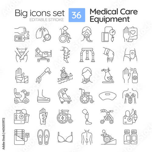 2D pixel perfect black icons pack representing medical equipment, editable thin line illustration.