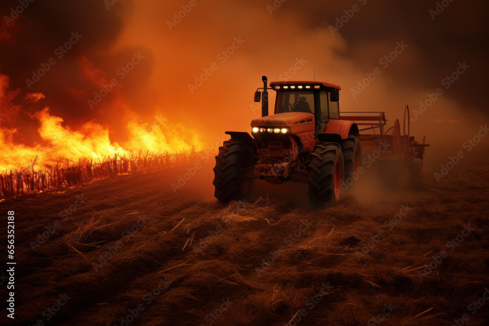 Fire in an agricultural field and tractor. Wildfire in a dry agricultural pasture with flames scorching fields and agricultural machinery. Fire in an agricultural field and tractor. Wildfire in a dry agricultural pasture with flames scorching fields and agricultural machinery.