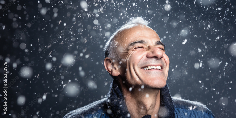 Happy laughing senior man grandad grandfather grandpa and falling snow flakes on blue background. Modern old guy with smile celebrating Winter Christmas. Generative AI. Happy laughing senior man grandad grandfather grandpa and falling snow flakes on blue background. Modern old guy with smile celebrating Winter Christmas. Generative AI.