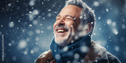 Happy laughing senior man grandad grandfather grandpa and falling snow flakes on blue background. Modern old guy with smile celebrating Winter Christmas. Generative AI. 