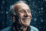 Happy laughing senior man grandad grandfather grandpa  and falling snow flakes on blue background. Modern old guy with smile celebrating Winter Christmas. Generative AI.	