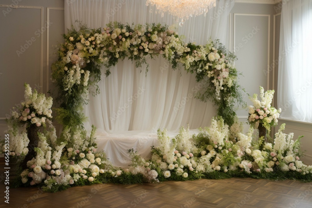 Beautiful backdrop with fresh flowers, perfect for romantic weddings or special events. Generative AI