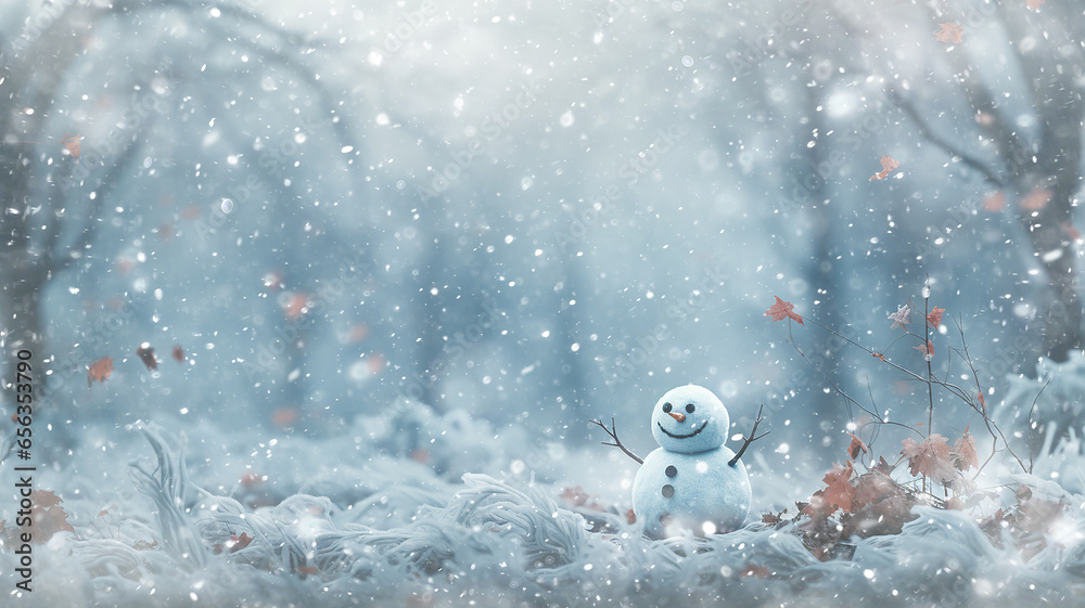 art background, autumn snowman postcard, illustration white snow background in november, cold autumn winter view december calendar - obrazy, fototapety, plakaty 