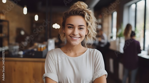 Free Download A Friendly Gaze: Young Woman Barista in a Coffee Shop - GFXLoad