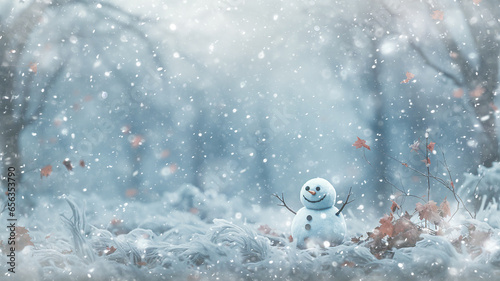 art background, autumn snowman postcard, illustration white snow background in november, cold autumn winter view december calendar