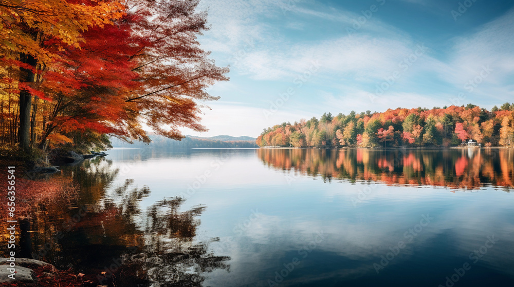 A serene lakeside scene, with a clear reflection of colorful fall trees in the calm water, vibrant autumn hues