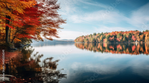 A serene lakeside scene, with a clear reflection of colorful fall trees in the calm water, vibrant autumn hues
