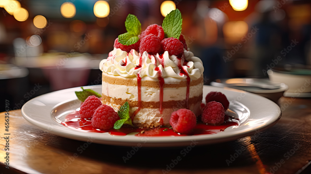 Tiramisu cake with raspberries and chocolate on wooden table in a restaurant. Delicious dessert close-up. Tiramisu cake with raspberries and chocolate on wooden table in a restaurant. Delicious dessert close-up.
