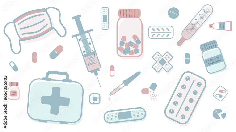 Vector cartoon set of medical elements, including pills, plasters, capsules, a syringe, a thermometer, bottles, a kit and a face mask