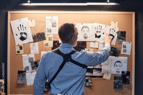 Back view of senior detective standing by evidence board and studying leads in investigation photo