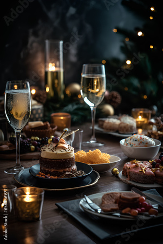 Festively set table with glasses, champagne and snacks. Christmas tree with bokeh on background