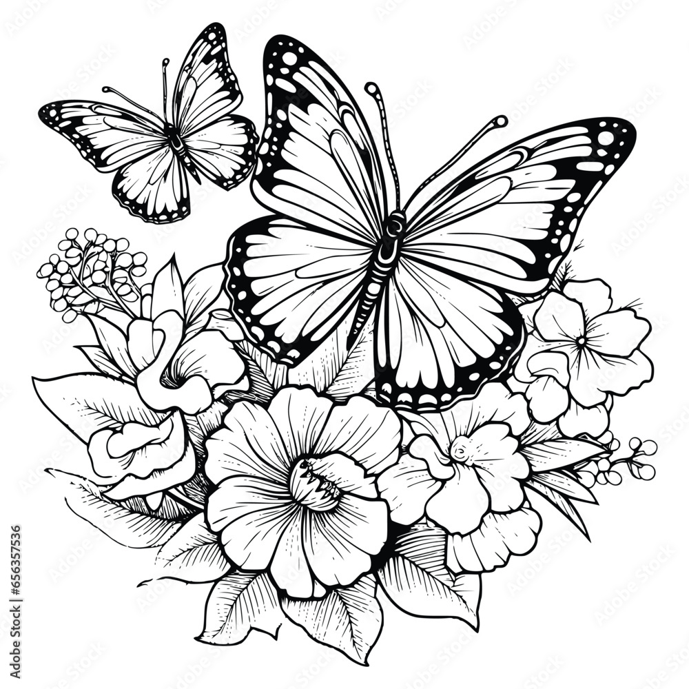 Butterflies With Flowers Coloring Page Drawing For Kids