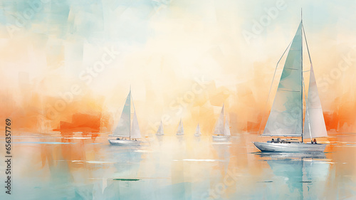 watercolor drawing, autumn landscape sailing boat on the marina, orange shades of Indian summer on the lake