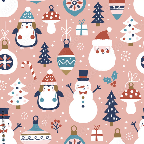 Seamless vector pattern with vintage Christmas ornaments, penguins, Santa Claus, snowflakes and snowy pine trees. Hand drawn  Christmas wallpaper design. Perfect for textile, wallpaper or nursery prin