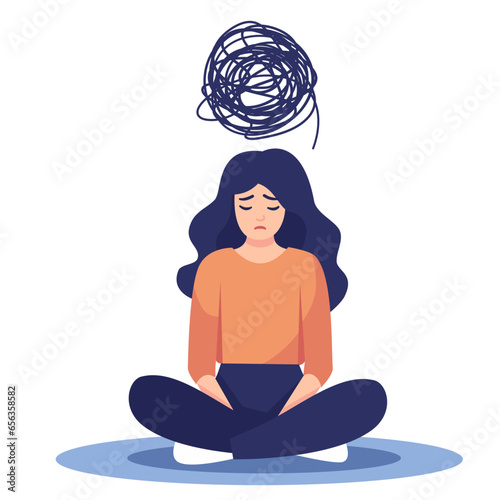 Flat vector illustration. Sad girl sitting depressed, confused thoughts. Vector illustration