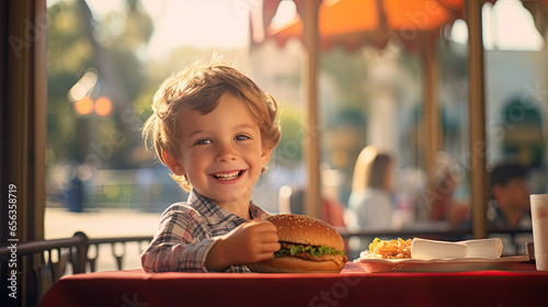 A happy boy eating a burger in an outdoor restaurant as a Breakfast meal craving deal. Generative Ai