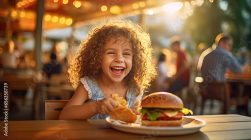 A happy girl eating a burger in an outdoor restaurant as a Breakfast meal craving deal. Generative Ai