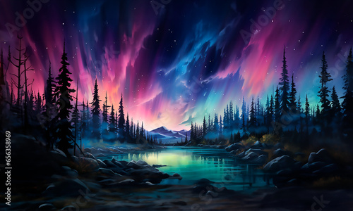 Aurora boreal - Paisaje bosque de noche con cielo estrellado - Azul, morado, rosa
