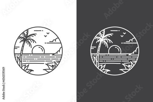 line art tropical island beach ocean sea for tourism logo design symbol