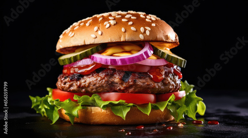 Beef burger with tomatoes, red onions, cucumber and lettuce on black slate over dark background. Generative Ai