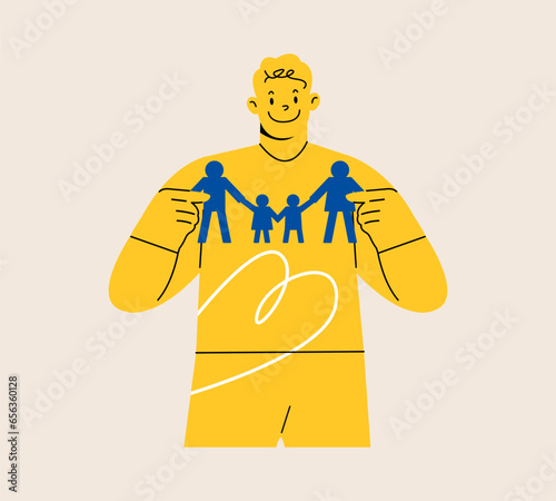 Man hold family paper model in hands. Colorful vector illustration