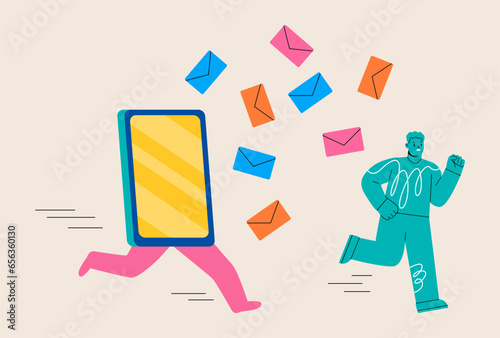 Man running away from giant smartphone, concept of person obsessed by internet notifications. Colorful vector illustration