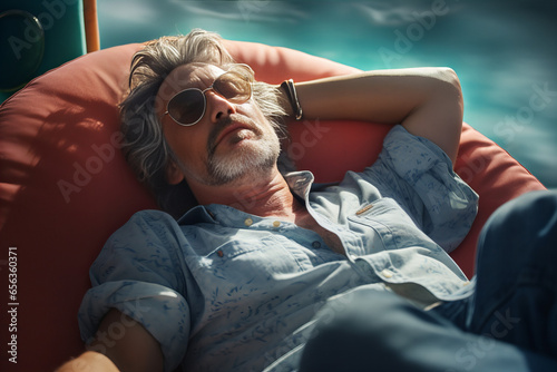 Man wearing sunglasses and relaxing in Chair on Holiday, Vacation #656360371