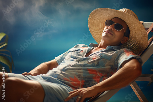 Man with Hat relaxing in Chair while on Holiday, Vacation #656360390