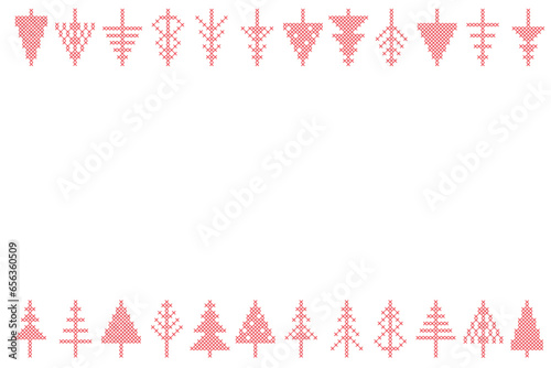 Set of Christmas tree peasant folk rustic motif. line, braid, frame, border from cross stitch fir tree