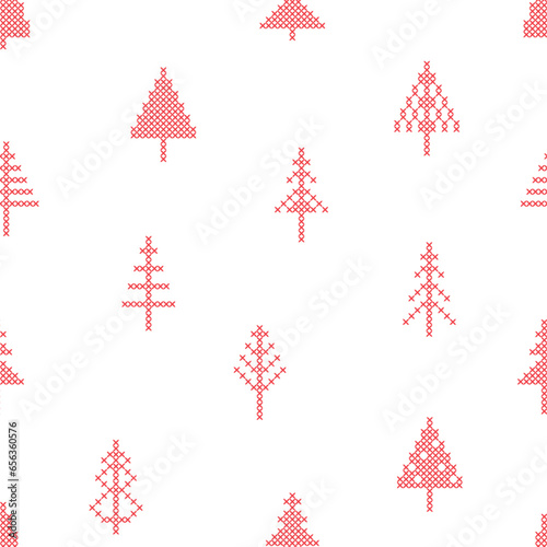 Seamless Pattern with Christmas tree in peasant folk rustic motif. cross stitch background with fir tree