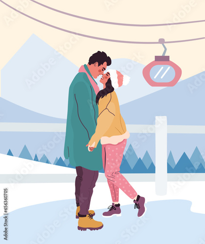 Beautiful romantic couple cuddling outdoors. Man and woman in warm winter clothes kissing outside a mountain resort. Colorful flat vector illustration. 