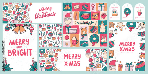 Christmas collection of cards, banners, patterns and labels deocrated iwth lettering quotes and doodles. Packaging, wallpaper, wrapping paper, holiday decor. EPS 10