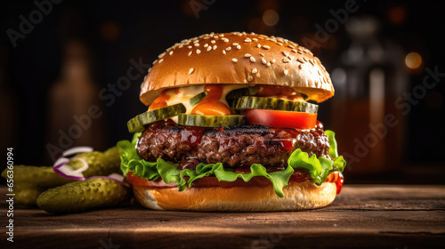 fresh tasty burger on wooden table. Generative Ai