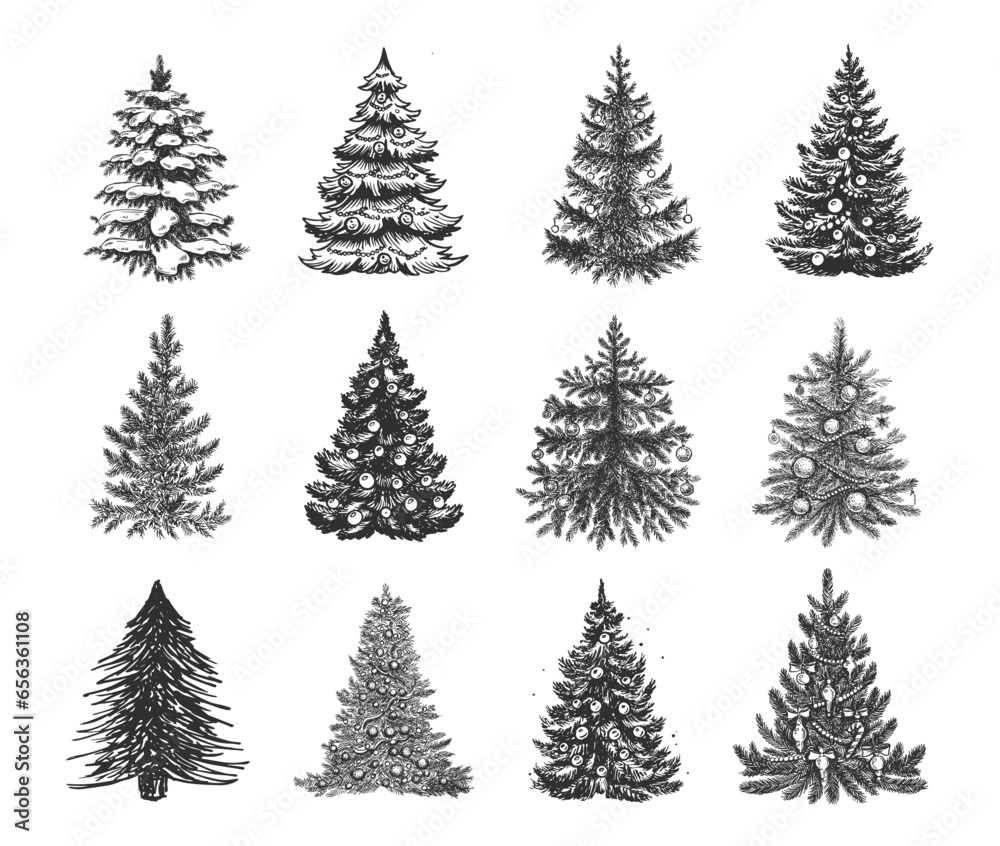 Christmas tree set hand drawn illustration	
