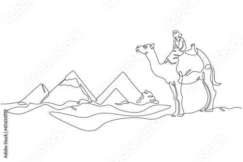 Egyptian pyramids. Ancient Egypt. Arab on a camel in the desert. Nomad on the background of the pyramids. One continuous line. Linear. Hand drawn, white background.